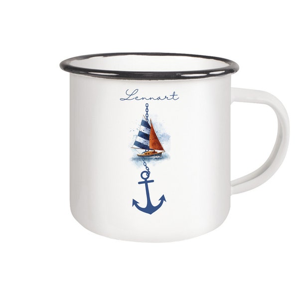 Emaille Tasse Anker und Name personalisiert - Becher mit Segelboot Geschenk