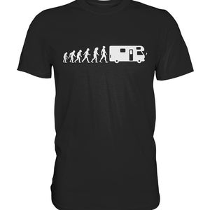 Könnte beinhalten: Ein schwarzes T-Shirt mit einer weißen Silhouette der Evolution des Menschen, die mit einem Wohnmobil endet.