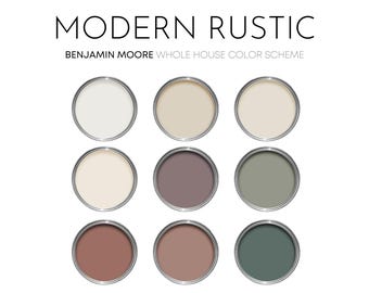 Paleta de pintura rústica moderna de Benjamin Moore, colores de pintura para interiores de estilo rústico y montañoso para el hogar, combinación de colores, pizarra canela
