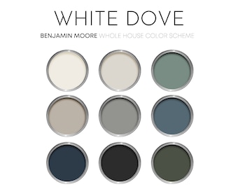 Paleta de colores White Dove de Benjamin Moore, colores neutros para interiores del hogar, esquema de color moderno, pintura costera, negro.