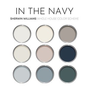In the Navy Sherwin Williams Paint Palette, Modern Neutral Interior Paint Colors for Home, Cottage Color Scheme, Still Water