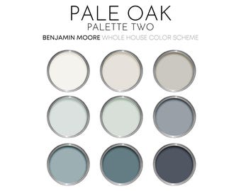 May include: Nine paint tins with silver rims, arranged in a 3x3 grid, displaying a "Pale Oak" colour palette. The colours vary from off-white to shades of blue-grey. Text at the top reads "Pale Oak Palette Two" and "Benjamin Moore Whole House Colour Scheme."