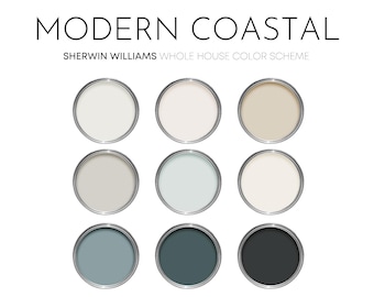 May include: A Sherwin Williams Modern Coastal whole house color scheme featuring nine circular paint cans arranged in a three-by-three grid. The colors range from white and light beige to soft blue, dark teal, and charcoal gray.