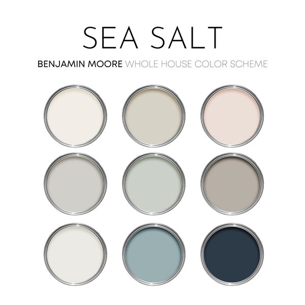 Sea Salt Benjamin Moore Paint Palette - Modern Coastal Interior Paint Colors for Home, Sea Salt Compliments, Interior Design Simply White