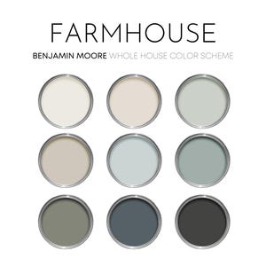 Farmhouse Benjamin Moore Paint Palette, Timeless Neutral Interior Colors, Whole House Color Scheme, Earthy Green, Revere Pewter