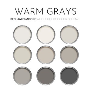 Varma gråtoner Benjamin Moore färgpalett, neutrala inomhusfärger för hem, bondgård, Silver Fox, schweizisk kaffe OC-45