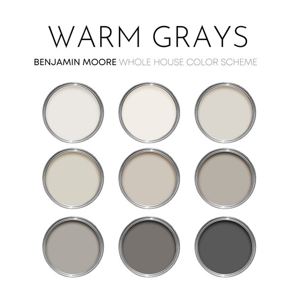 Warm Grays Benjamin Moore Paint Palette, Neutral Interior Paint Colors for Home, Farmhouse, Silver Fox, Swiss Coffee OC-45