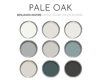 Paleta de pintura Benjamin Moore Pale Oak, colores neutros para interiores del hogar, esquema de colores moderno, pintura costera, gris Stonington