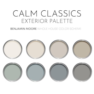 Calm Classics Exterior Benjamin Moore Paint Palette, Modern Exterior Paint Colors, Timeless Exterior Scheme, Classic Palette, Ballet White