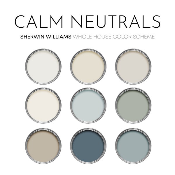 Calm Neutrals Sherwin Williams Paint Palette, Modern Neutral Calm Coastal Interior Paint Colors for Home, Color Scheme, Breezy