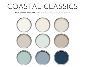 Coastal Classics Benjamin Moore-palet, verfkleuren voor thuis, neutrale cottages, hele huisschema, kleuren strandhuis, ragfijn blauw