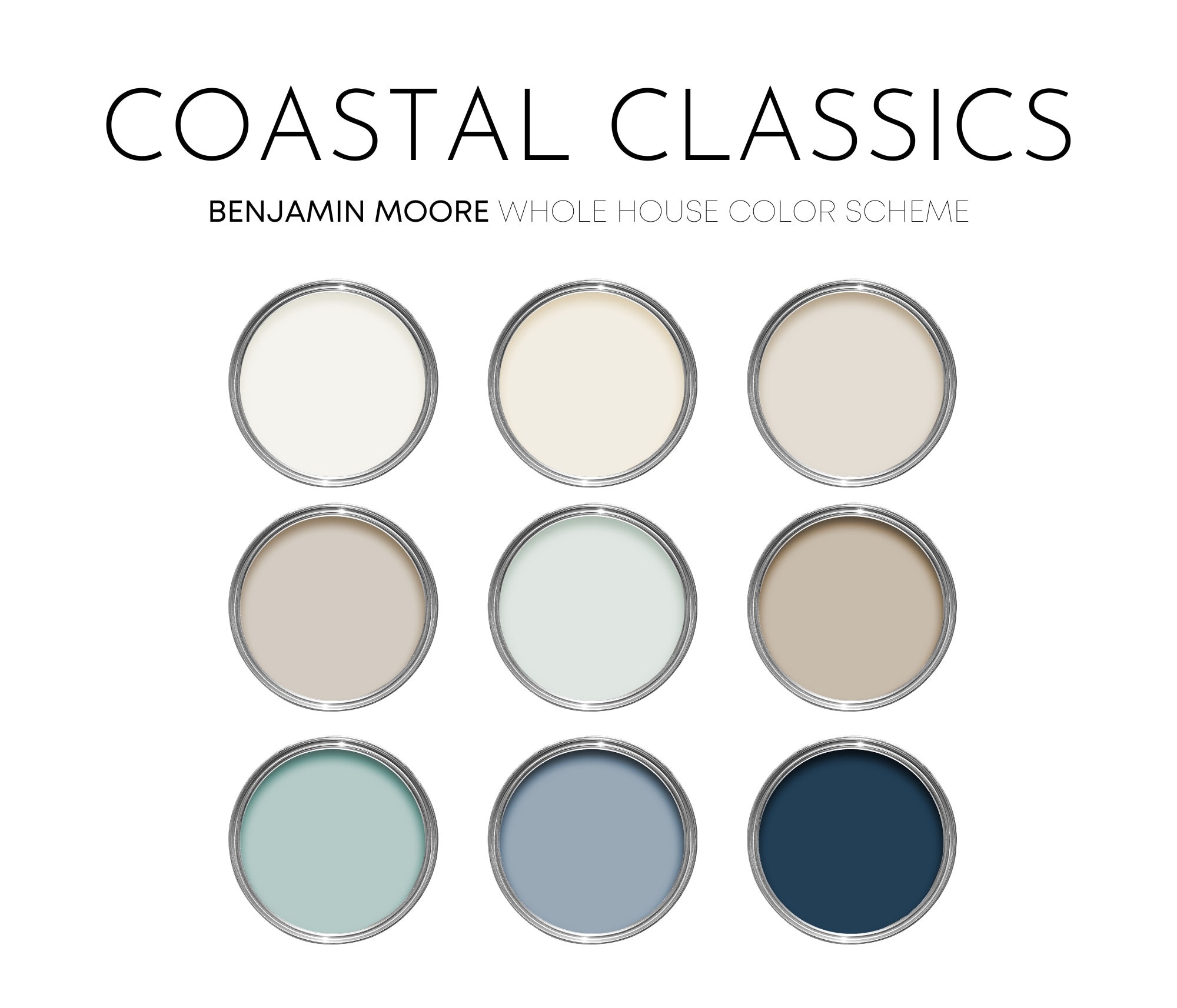 Coastal Classics Benjamin Moore Palette, Paint Colors for Home, Cottage Neutrals, Whole House Scheme, Beach House Colors, Gossamer Blue