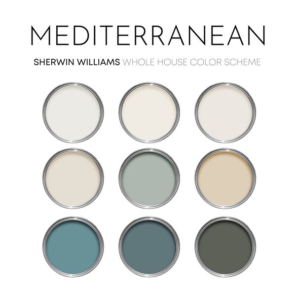 Mediterranean Sherwin Williams Color Palette, Interior Paint Palette, Complimentary Paint Scheme, Marshmallow Coordinating Colors, Coastal