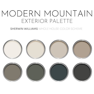 Modern Mountain Exterior Sherwin Williams Paint Palette, Modern Neutral Exterior Paint Colors, Exterior Color Scheme, Iron Ore