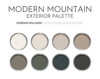 May include: A color palette for exterior paint, featuring eight open paint cans with various neutral colors. The text "MODERN MOUNTAIN EXTERIOR PALETTE" and "SHERWIN WILLIAMS WHOLE HOUSE COLOR SCHEME" are displayed above the cans.