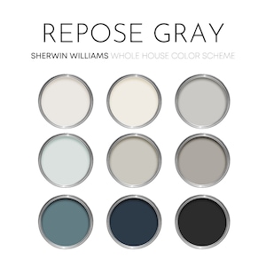 Repose Gray Sherwin Williams Paint Palette, Modern Neutrals, Whole House Color Scheme, Best Selling, Tricorn Black
