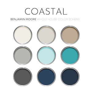 Verfpalet kust Benjamin Moore, moderne kustkleuren, helder kleurenschema kust, strandinterieur, licht eiken