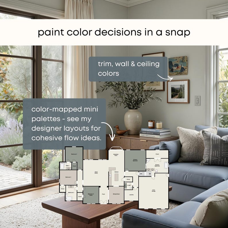 以下が含まれることがあります： 「paint color decisions in a snap」のテキストが入ったインテリアデザインのコンセプト。画像には、間取り図、カラーパレット、トリム、壁、天井の色を示すテキストボックスが表示された部屋が写っています。青いソファと木製のテーブルも表示されています。
