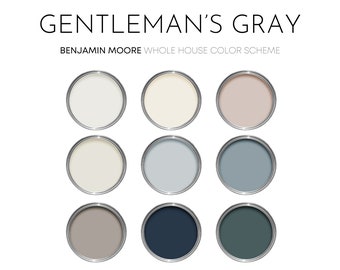 Paleta de pintura Gentleman's Gray Benjamin Moore, colores de pintura interior neutros modernos para el hogar, esquema de color Cottage, Simply White