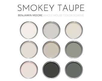 May include: Nine paint can lids showing a color scheme called "Smokey Taupe" by Benjamin Moore. The colors are white, light gray, beige, light brown, gray-green, light pink, black, and dark gray.