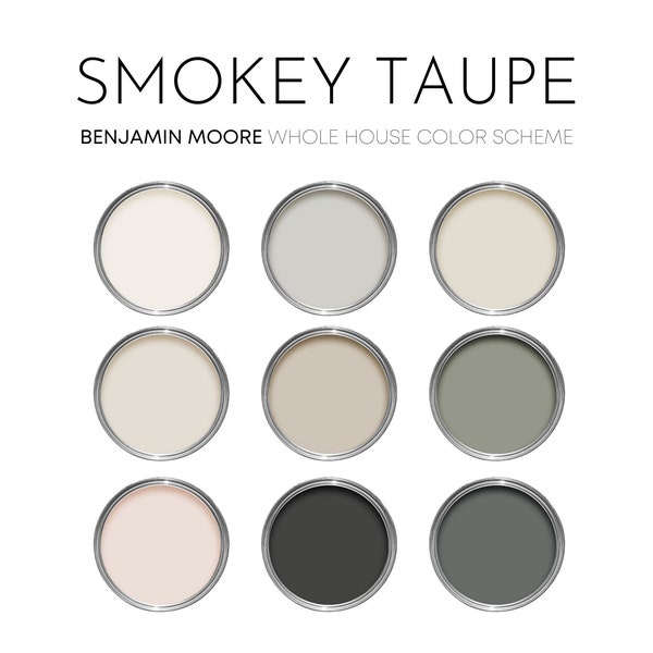 Palette de peinture Benjamin Moore taupe fumé - Couleurs de peinture neutres douces pour la maison, schéma de peinture pour décoration d'intérieur, fer forgé