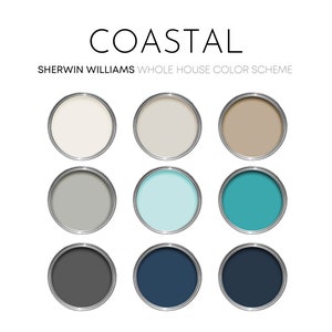 Coastal Sherwin Williams Paint Palette, Modern Coastal Colors, Bright Coastal Color Scheme, Beach Interior Design, Drift of Mist