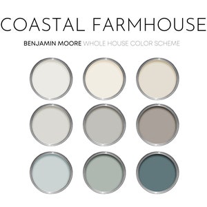 Paleta de tinta Benjamin Moore da Coastal Farmhouse, moderno, neutro e calmo, esquema de cores de tinta para interiores da Coastal Farmhouse, fumaça clara