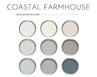 May include: Nine paint colour swatches in small paint tins, arranged in three rows of three. The colours are white, off-white, beige, light grey, medium grey, dark grey, light blue, medium blue, and dark blue. The text "COASTAL FARMHOUSE" is at the top of the image, and the text "BENJAMIN MOORE WHOLE HOUSE COLOUR SCHEME" is below it.