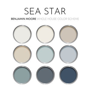 Paleta de pintura Sea Star Benjamin Moore: colores de pintura para interiores de estilo costero, tonos neutros tranquilos, paleta de pintura costera, Beach Cottage, Harbor Haze