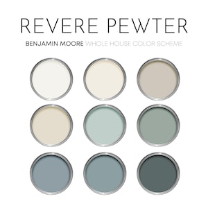 May include: Nine paint cans with various shades of color, including white, beige, and shades of blue and green. The text "REVERE PEWTER" and "BENJAMIN MOORE WHOLE HOUSE COLOR SCHEME" are displayed at the top of the image.