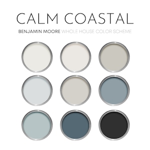 Calm Coastal Benjamin Moore Paint Palette, Modern Neutral Interior Paint Colors for Home, Coastal Color Scheme, Smoke