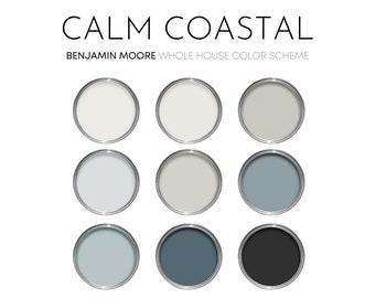 Calm Coastal Benjamin Moore Paint Palette, Modern Neutral Interior Paint Colors for Home, Coastal Color Scheme, Smoke
