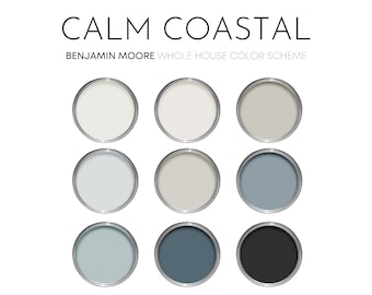 Calm Coastal Benjamin Moore Paint Palette, Modern Neutral Interior Paint Colors for Home, Coastal Color Scheme, Smoke