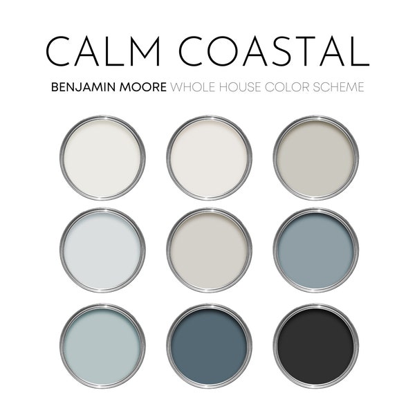 Calm Coastal Benjamin Moore Paint Palette, Modern Neutral Interior Paint Colors for Home, Coastal Color Scheme, Smoke