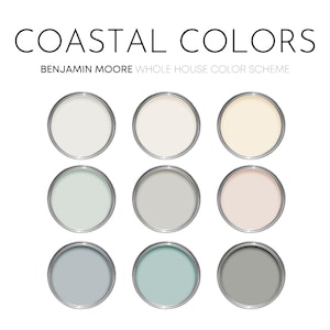 Coastal Colors Benjamin Moore Paint Palette, Paint Colors for Home, Cottage Neutrals, Whole House Color Scheme, Beach House Colors, Blue