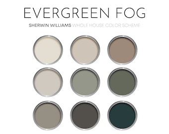 Paleta de tinta Evergreen Fog Sherwin Williams, cor do ano, tons neutros mais vendidos, esquema de cores para design de interiores, alecrim