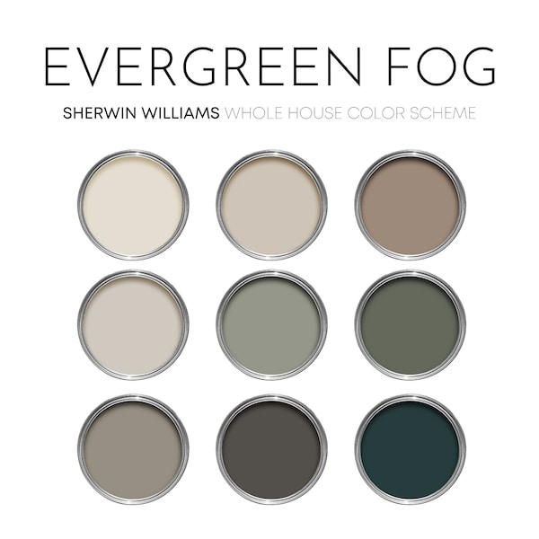 Evergreen Fog Sherwin Williams Farbpalette, Farbe des Jahres, meistverkaufte Neutrale, Innenarchitektur-Farbschema, Rosmarin