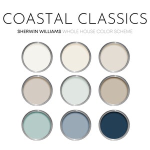Coastal Classics Sherwin Williams Paint Palette, Paint Colors for Home, Cottage Neutrals, Whole House Scheme, Beach House Colors, Salty Dog