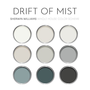 Drift of Mist Sherwin Williams Paint Palette, Neutral Interior Colors for Home, Modern Color Scheme, Coastal Paint, Iron Ore