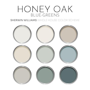 Honey Oak Blue Greens Sherwin Williams Paint Palette, Paint Colors for Home, Modern Neutrals, Color Scheme, Colors for Honey Oak, Sea Salt