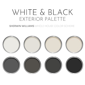 White and Black Exterior Sherwin Williams Paint Palette, Modern Exterior Paint Colors, Exterior Color Scheme, Classic Palette, Tricorn Black