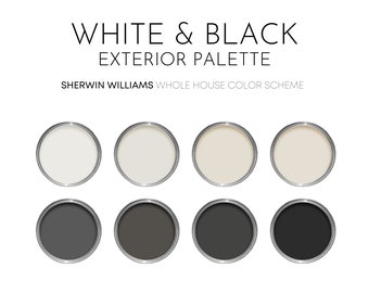 Peut inclure: Huit couvercles de pots de peinture, quatre blancs et quatre noirs, disposés en deux rangées de quatre. Le texte "WHITE & BLACK EXTERIOR PALETTE" est au-dessus des couvercles, et le texte "SHERWIN WILLIAMS WHOLE HOUSE COLOR SCHEME" est en dessous des couvercles.