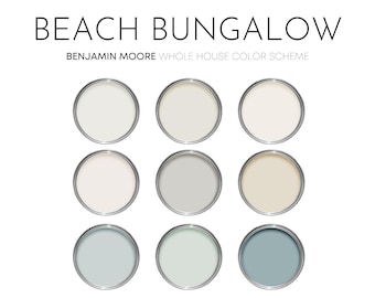May include: Nine paint colour swatches in round containers, labelled "Benjamin Moore Whole House Colour Scheme" with the text "Beach Bungalow" above the label. The colours are white, cream, beige, grey, light blue, and green.