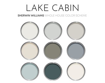 Paleta de pintura Sherwin Williams Lake Cabin, colores de pintura para interiores de la costa tranquila para el hogar, combinación de colores, tonos neutros de lago, camino de montaña