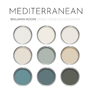 Mediterranean Benjamin Moore Color Palette, Interior Paint Palette, Complimentary Paint Scheme, Providence Blue Coordinating Colors, Coastal
