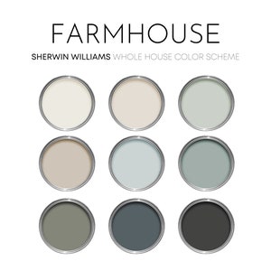 Farmhouse Sherwin Williams Paint Palette, Timeless Neutral Interior Colors, Whole House Color Scheme, Earthy Green, Aesthetic White