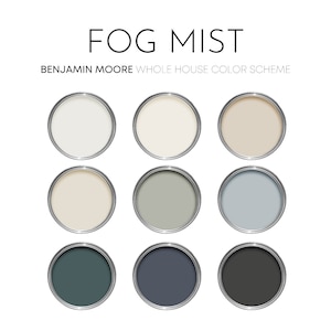 Fog Mist Benjamin Moore Paint Palette, Modern Neutral Calm Classic Interior Paint Colors for Home, Color Scheme, Timeless Palette, Hale Navy