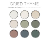 Dried Thyme Sherwin Williams Paint Palette, Timeless Neutral Interior Colors, Whole House Color Scheme, Earthy Green, Aesthetic White