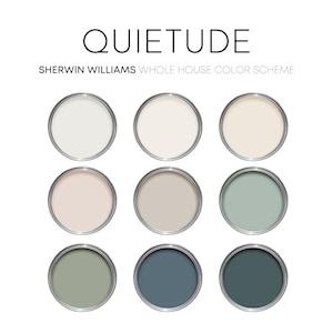 Quietude Sherwin Williams Paint Palette, Color of the Year, Modern Coastal, Cottage Interior Paint Colors for Home, Color Scheme, Alabaster