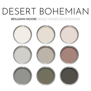 Könnte beinhalten: Eine Benjamin Moore Desert Bohemian Whole House Color Scheme Grafik mit neun kreisförmigen Farbdosen in einem Drei-mal-drei-Raster, die eine Palette neutraler Töne von Cremeweiß bis Hellgrau, Beige und Dunkelgrau zeigt.